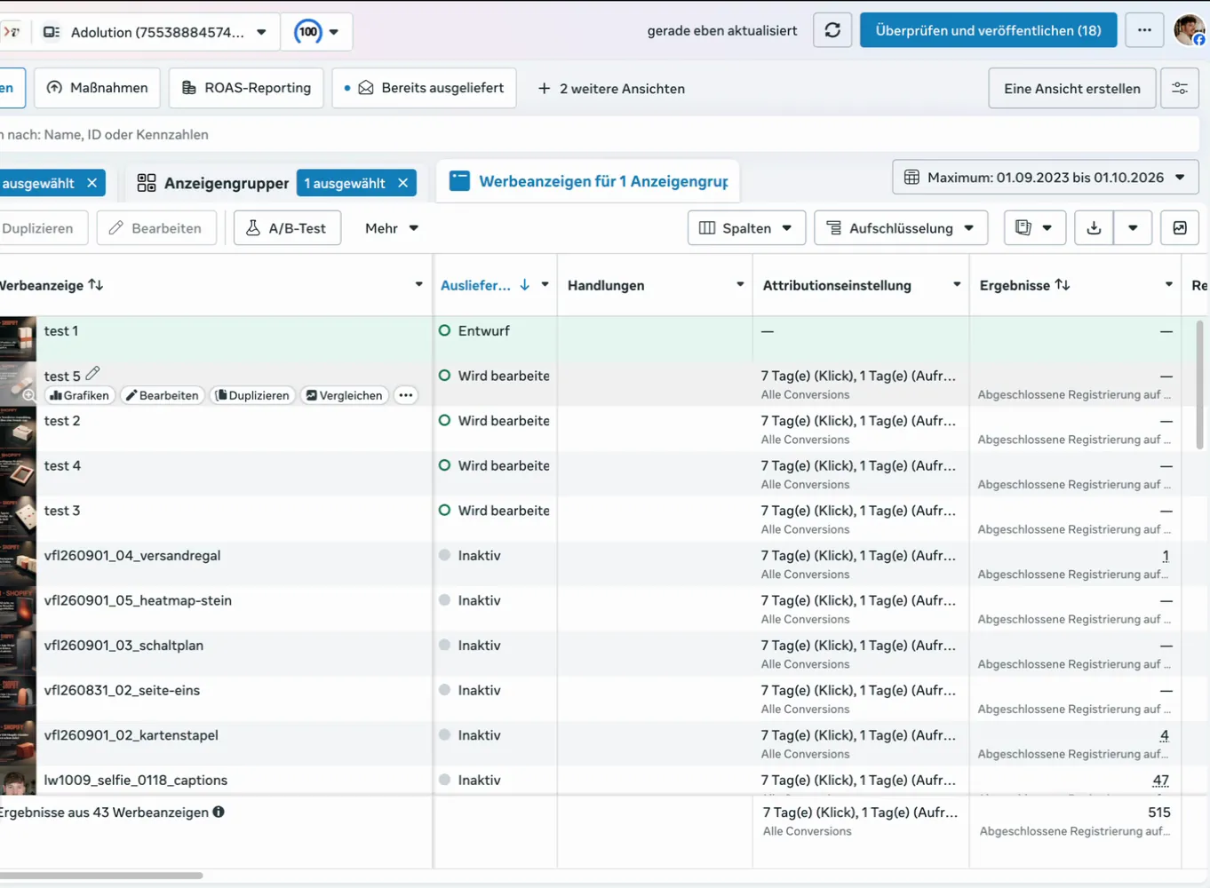 Screenshot aus dem Meta Ads Manager: Werbeanzeigen test 1 bis test 5 als Entwurf beziehungsweise in Bearbeitung, darunter Ergebnisse aus 43 Werbeanzeigen