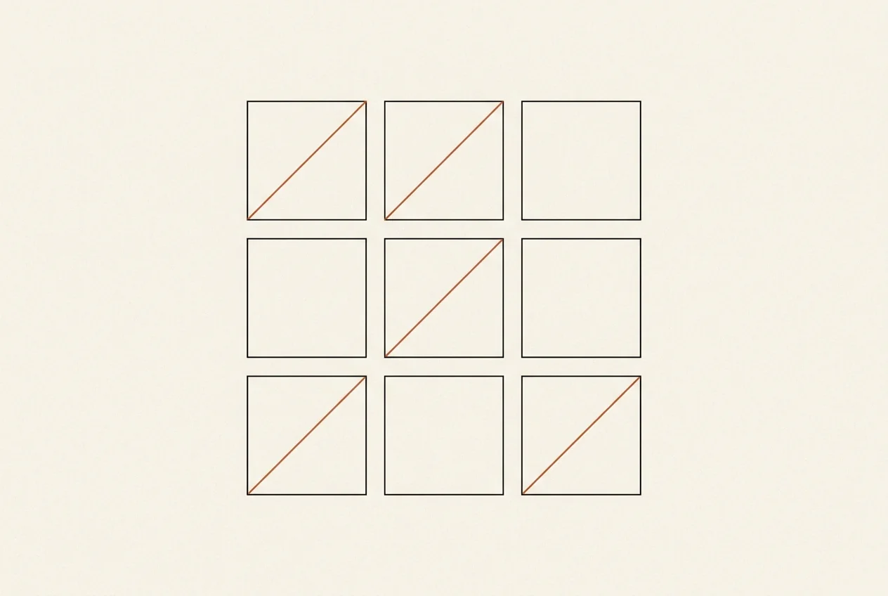 3-mal-3-Grid mit neun outlined Tiles — fünf Tiles diagonal durchgestrichen — als minimales Linien-Diagramm