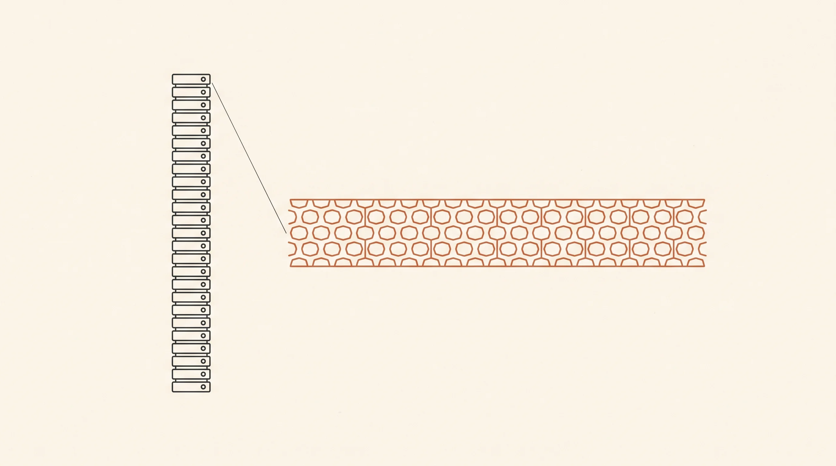 App-Stack-Tower vs Theme-Code-Layer als minimales Linien-Diagramm — vertikale gestapelte App-Subscriptions versus horizontale Theme-Code-Schicht in Akzent-Farbe