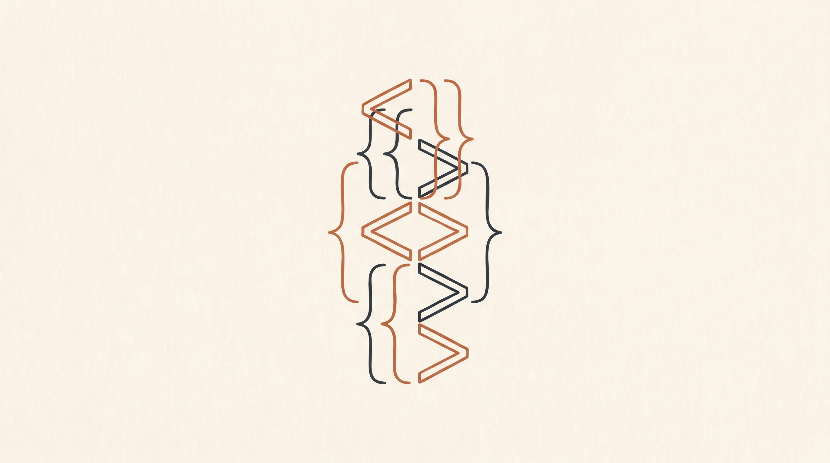 Liquid-Code-Struktur als minimales Linien-Diagramm — gestapelte Brackets und Curly-Braces in Akzent-Farbe