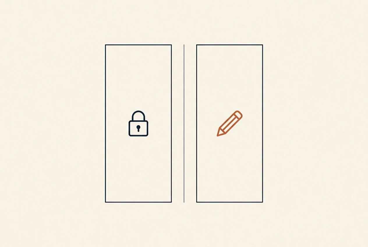 Zwei vertikale Frames nebeneinander — links Lock-Icon, rechts Pencil-Icon — Live-Theme vs Theme-Duplicate