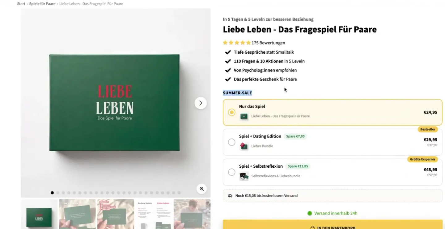 Produktseite nachher: mit Brotkrümel-Navigation, Bundle-Auswahl, Versand-Hinweis und Lupe am Foto