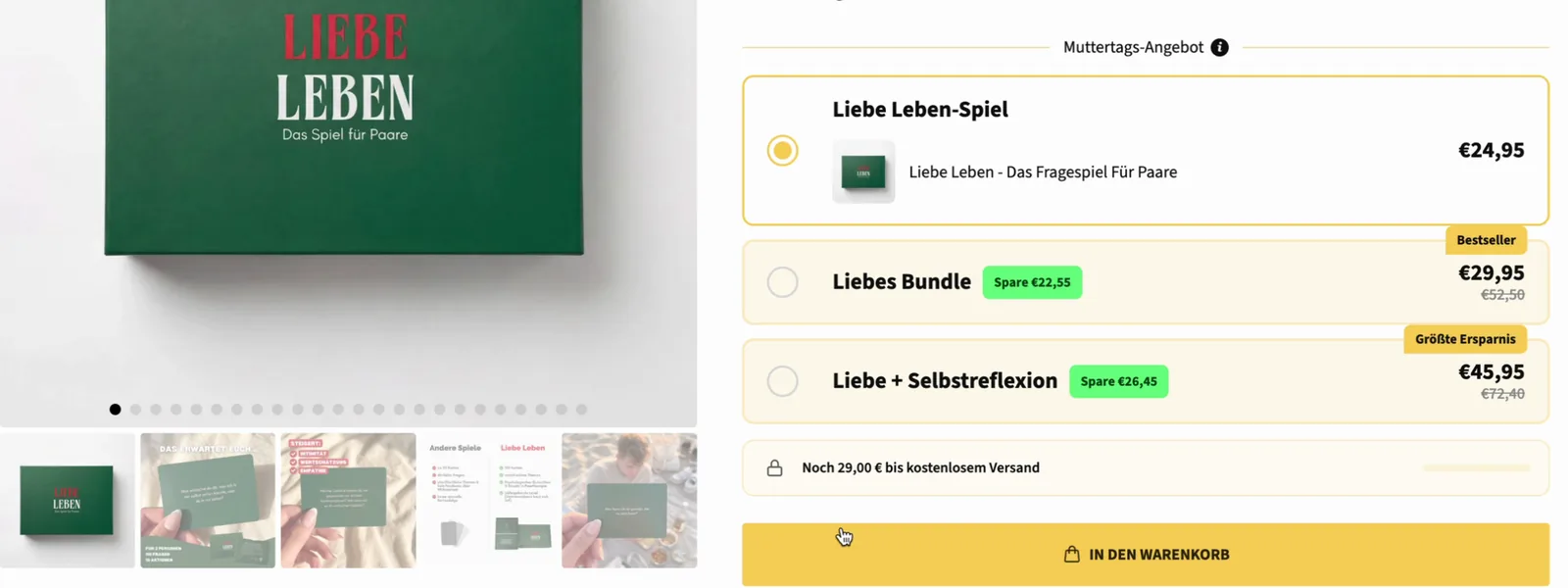 Screenshot meiner Shopify-Produktseite: Bundle-Auswahl mit drei Optionen, darunter die Leiste „Noch 29,00 € bis kostenlosem Versand“ und der Warenkorb-Button