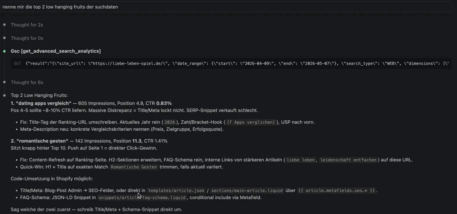 Screenshot aus Claude Code: die zwei größten Chancen aus den Suchdaten, an erster Stelle dating apps vergleich mit 605 Impressionen, Position 4,9 und 0,83 Prozent Klickrate, darunter der Vorschlag für einen neuen Title
