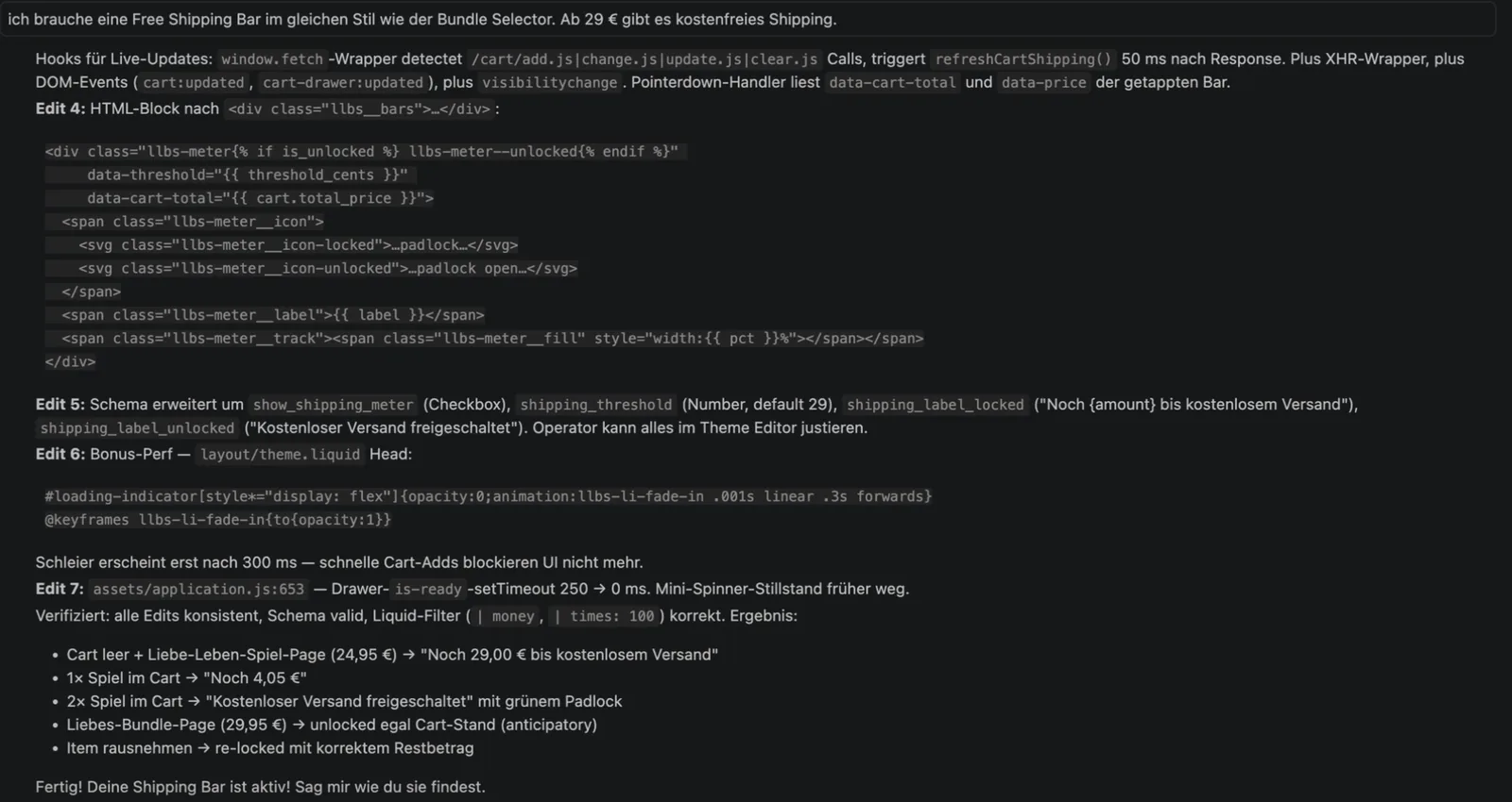 Screenshot aus Claude Code: Anfrage nach einer Versandleiste ab 29 Euro, darunter Claudes Änderungen und die getesteten Fälle