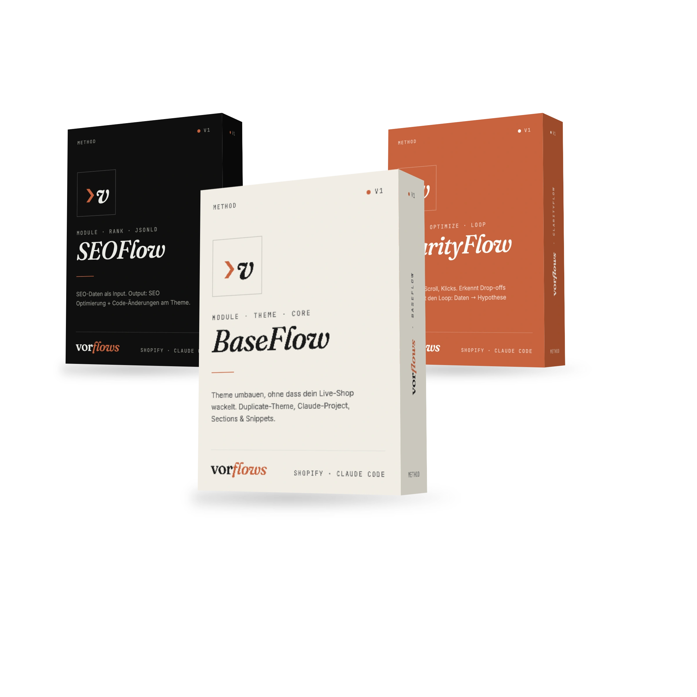 vorflows Bundle — BaseFlow + SEOFlow + ClarityFlow Modul-Boxen für Shopify-Founder